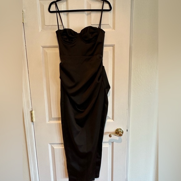 House of CB Flora Dress Black Satin Pleated Corset Midi Dress - Picture 4 of 6